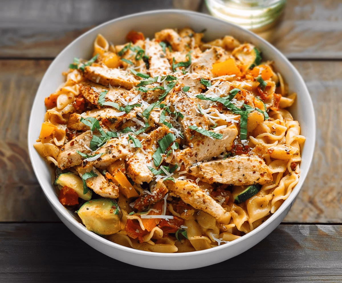 Spicy Chicken Pasta with Fresh Summer Veggies